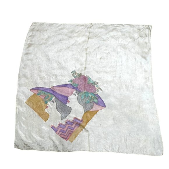Vintage 34.5" Silk Scarf With Art Deco Print Women Hats Silhouette Hand Painted - Picture 3 of 6